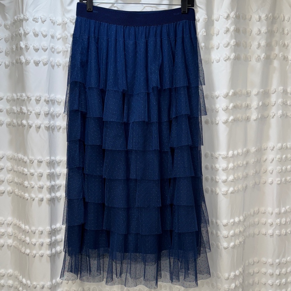 Anthropologie Deep Blue Layered Tulle Maxi Lined Skirt size M